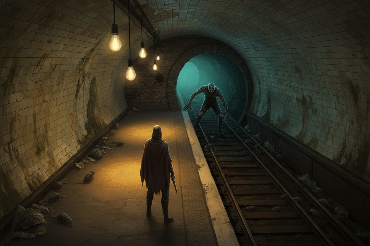 A lone survivor on a tiled Paris metro platform at night, rats on the tiles and a zombie climbing out of the tunnel